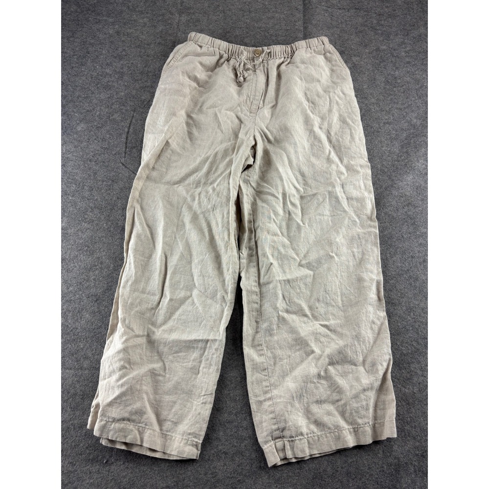 Jennifer Moore Beige 100% Linen Wide Leg‎ Crop Drawstring Pants Womens 10 Boho